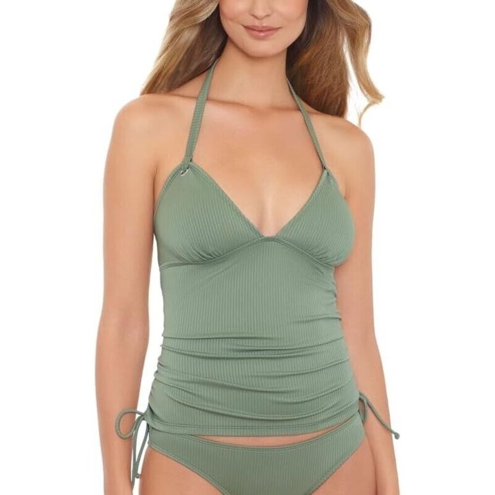 Salt + Cove Juniors Ribbed Shirred Halter Tankini Top Olive Green Size XS Strapp